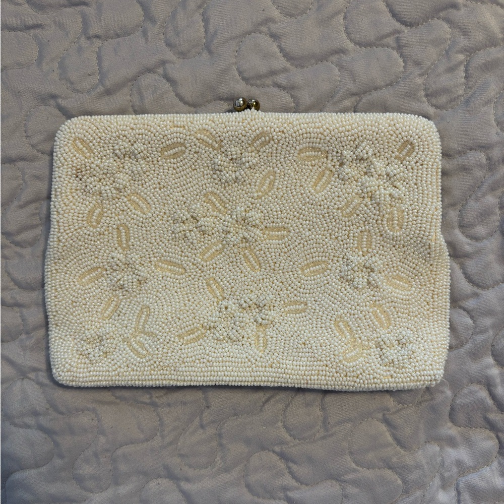VINTAGE kiss lock white cream Beaded Purse Bag Richere Japan w flaw **2 for 20*